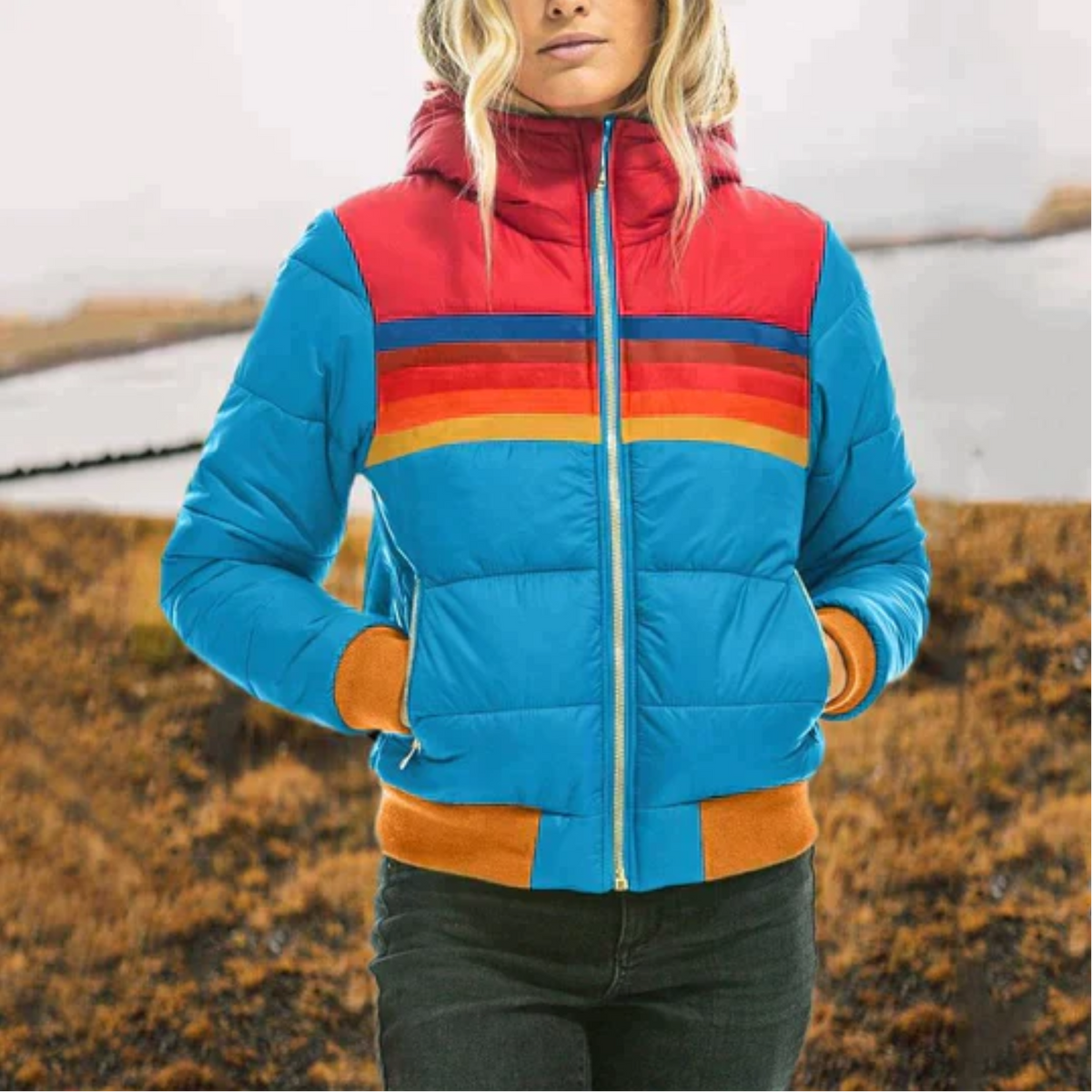 Ruby | Quilted Puffer Jacket with Retro Stripes