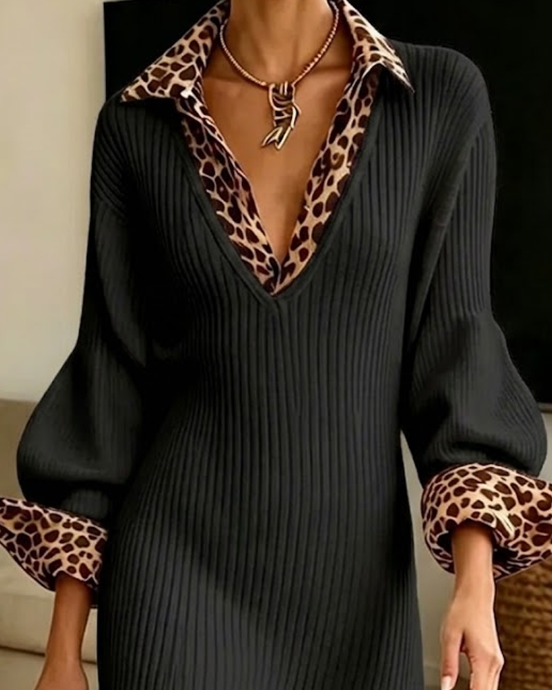Delia | Layered Knit Dress with Leopard Print