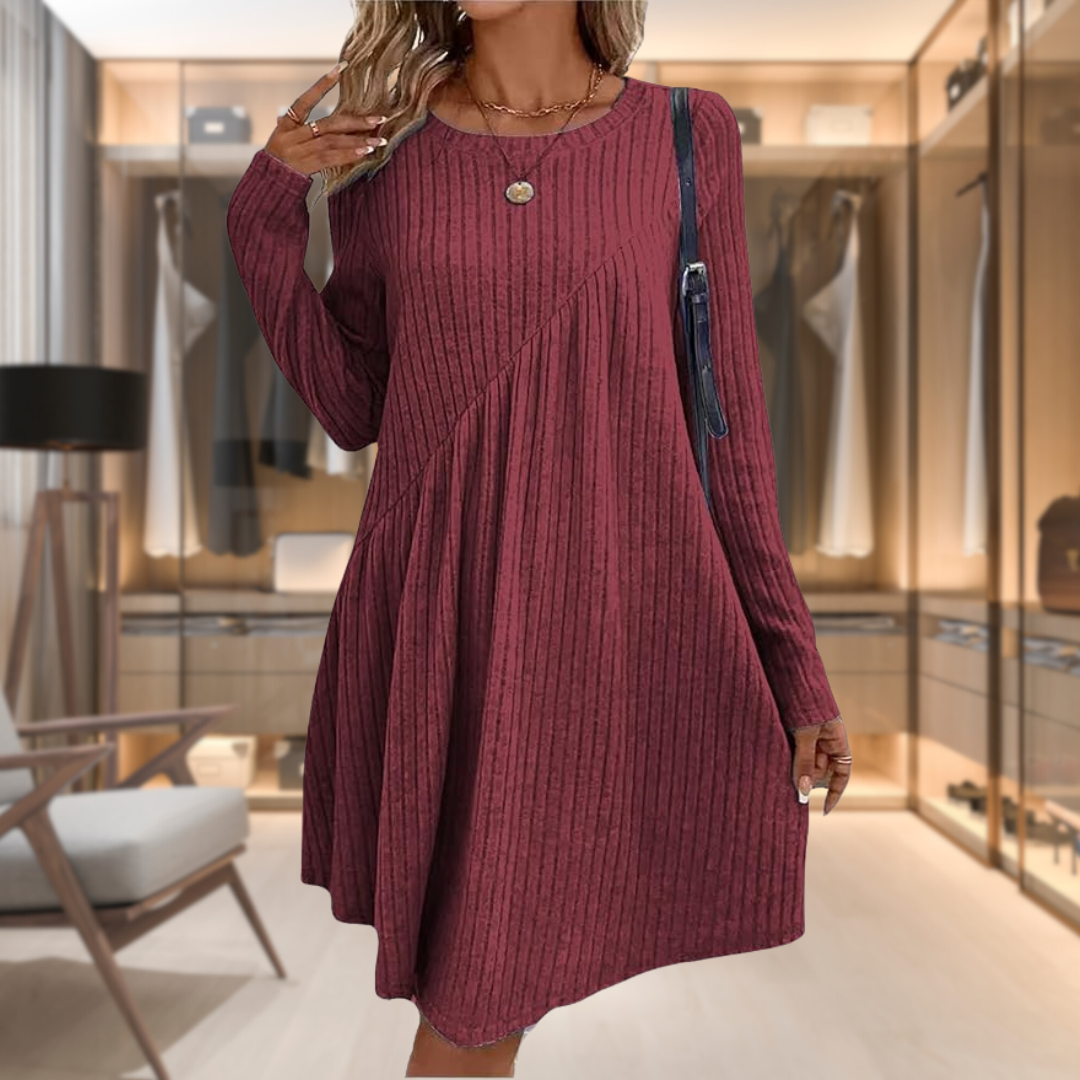 Elise | Women's Ribbed A-Line Midi Knit Dress with Diagonal Detail
