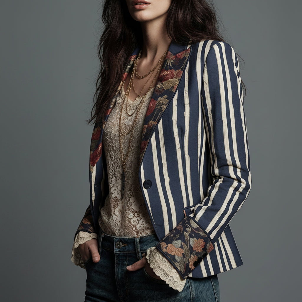 Emma | Bohemian Artisan Mixed-Print Striped Blazer