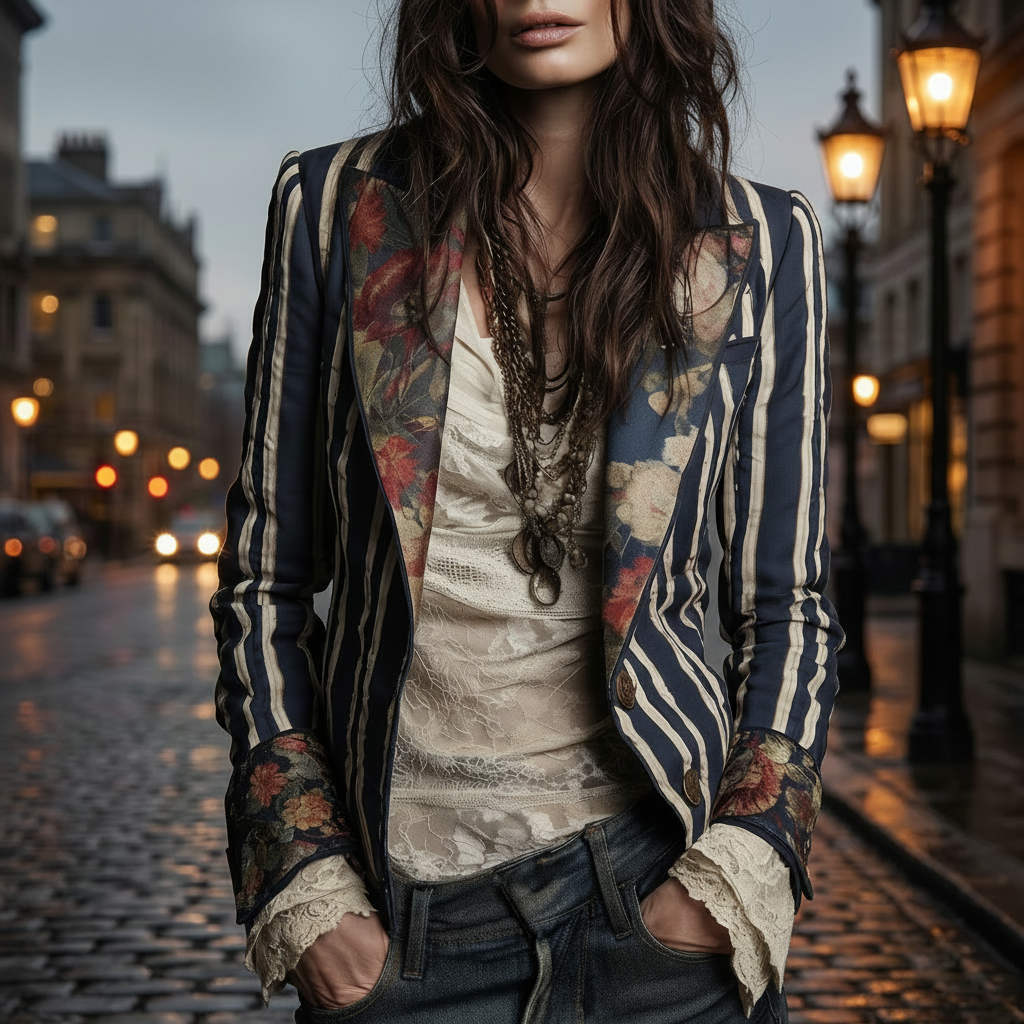 Emma | Bohemian Artisan Mixed-Print Striped Blazer