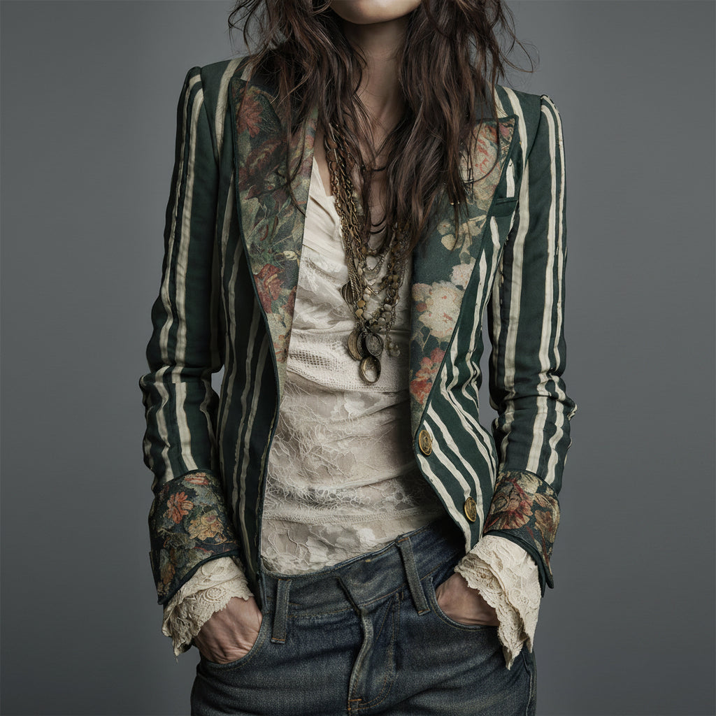 Emma | Bohemian Artisan Mixed-Print Striped Blazer