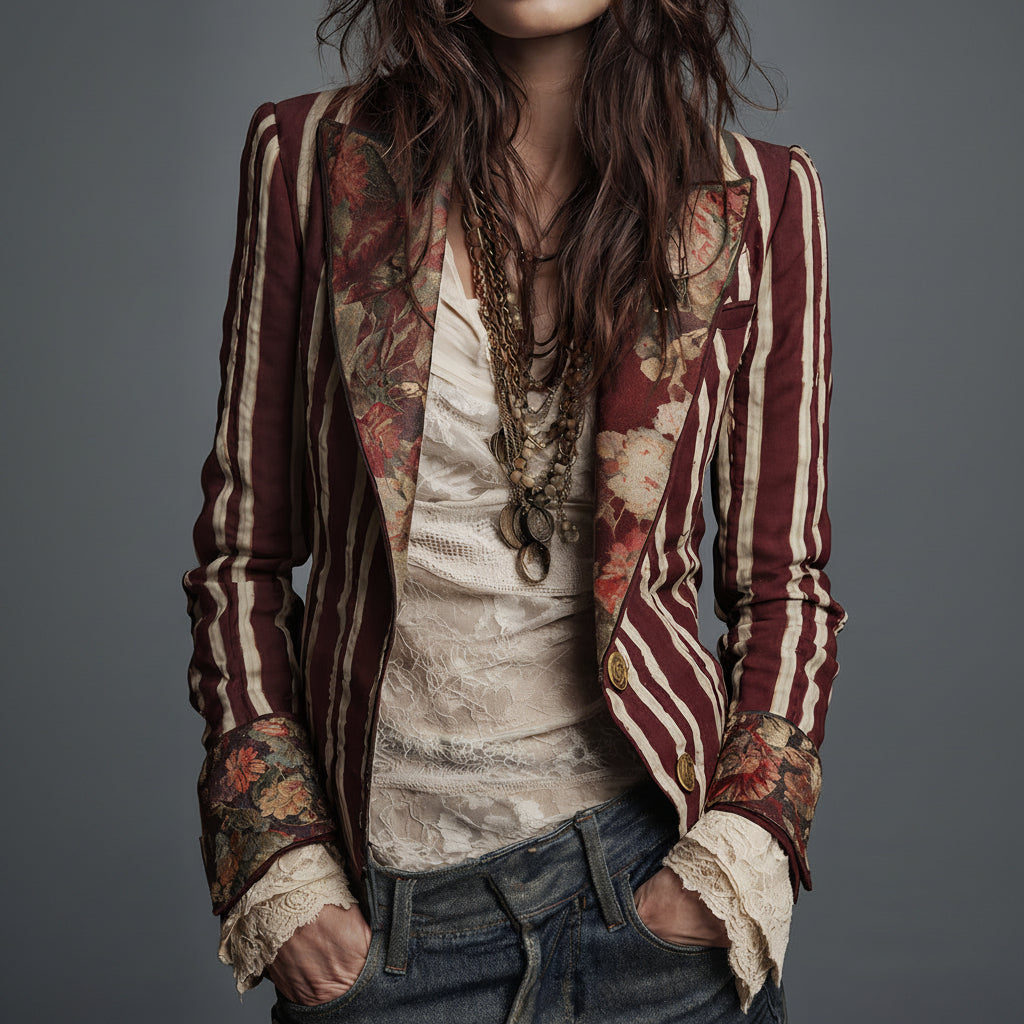 Emma | Bohemian Artisan Mixed-Print Striped Blazer