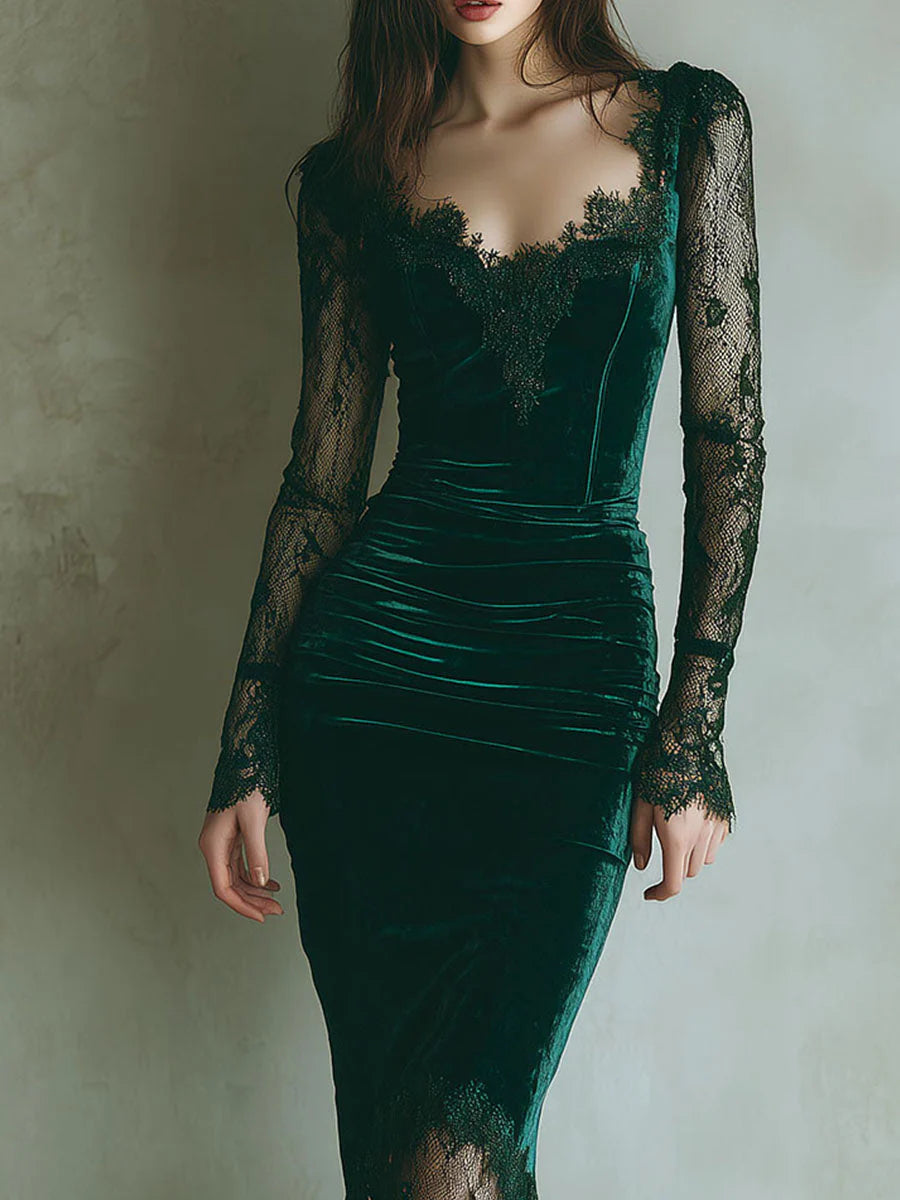 Daisy | Women's Green Bodycon Long Sleeve Lace Midi Dress Ensemble