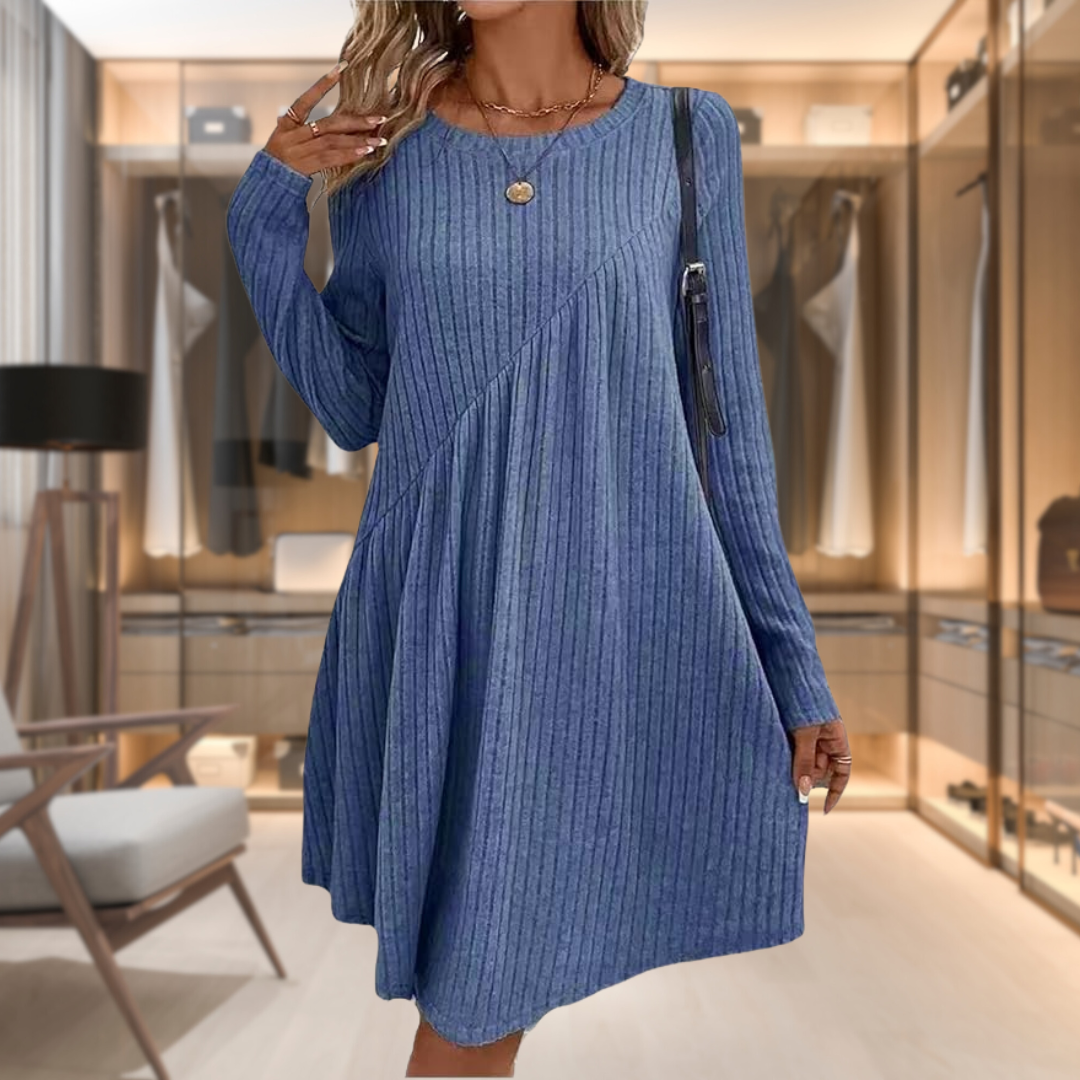 Elise | Women's Ribbed A-Line Midi Knit Dress with Diagonal Detail