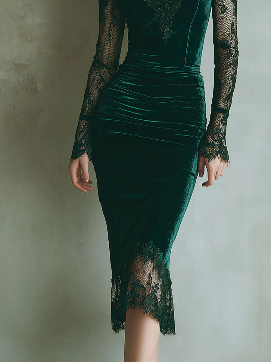 Daisy | Women's Green Bodycon Long Sleeve Lace Midi Dress Ensemble