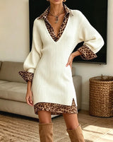 Delia | Layered Knit Dress with Leopard Print
