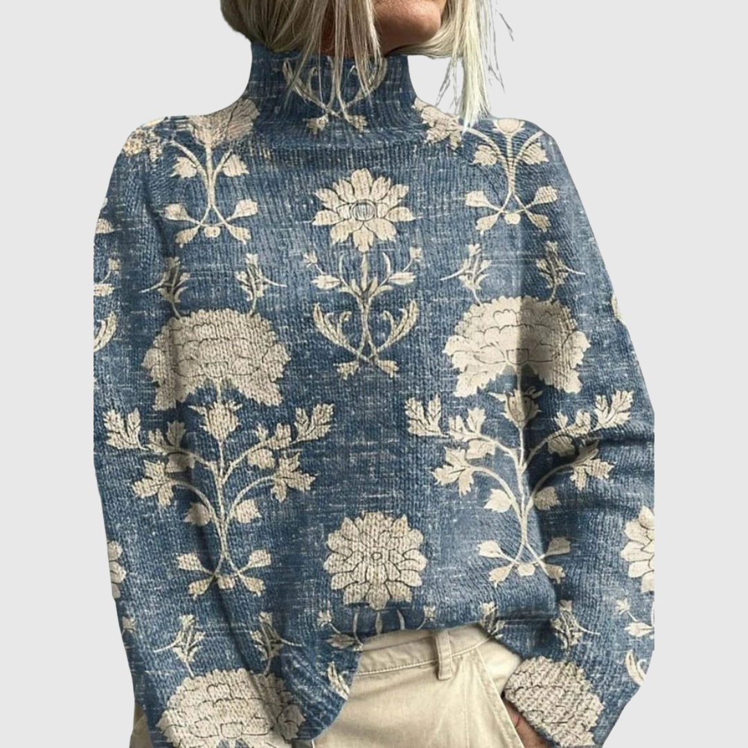 Willow | Green Turtleneck Sweater with Whimsical Print