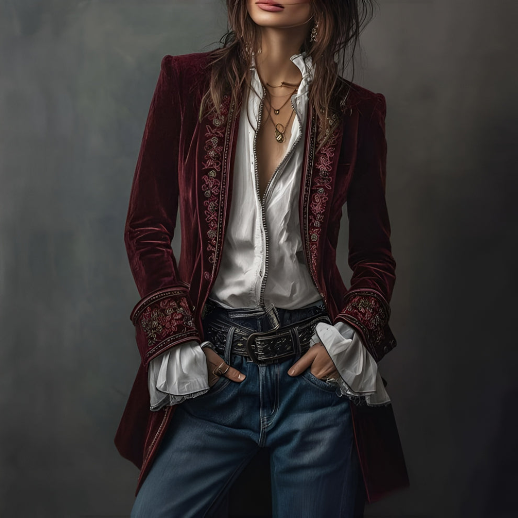 Ivana | Elegant Embroidered Long Blazer Jacket