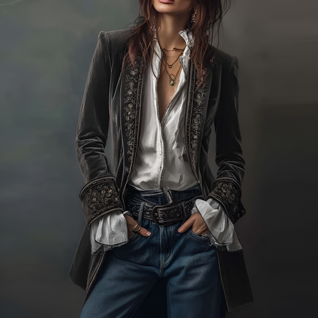 Ivana | Elegant Embroidered Long Blazer Jacket