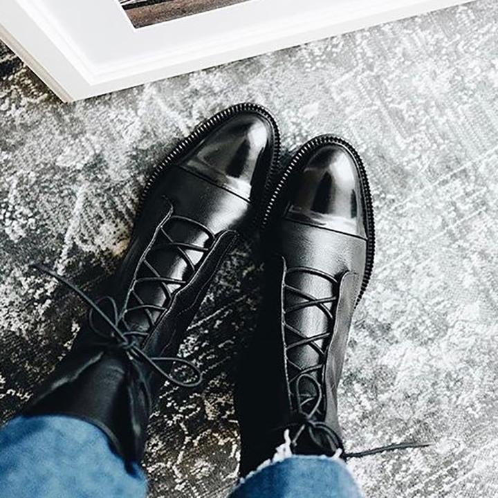 Esther | Women's Lace-Up Ankle Boots with Flat Sole and Leather Look