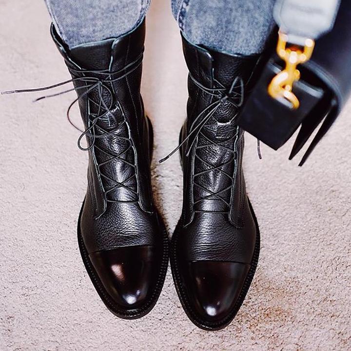 Esther | Women's Lace-Up Ankle Boots with Flat Sole and Leather Look
