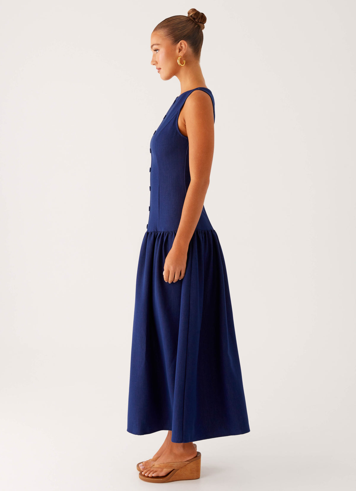 Blue Boat Neck Button Pocket Midi Dress