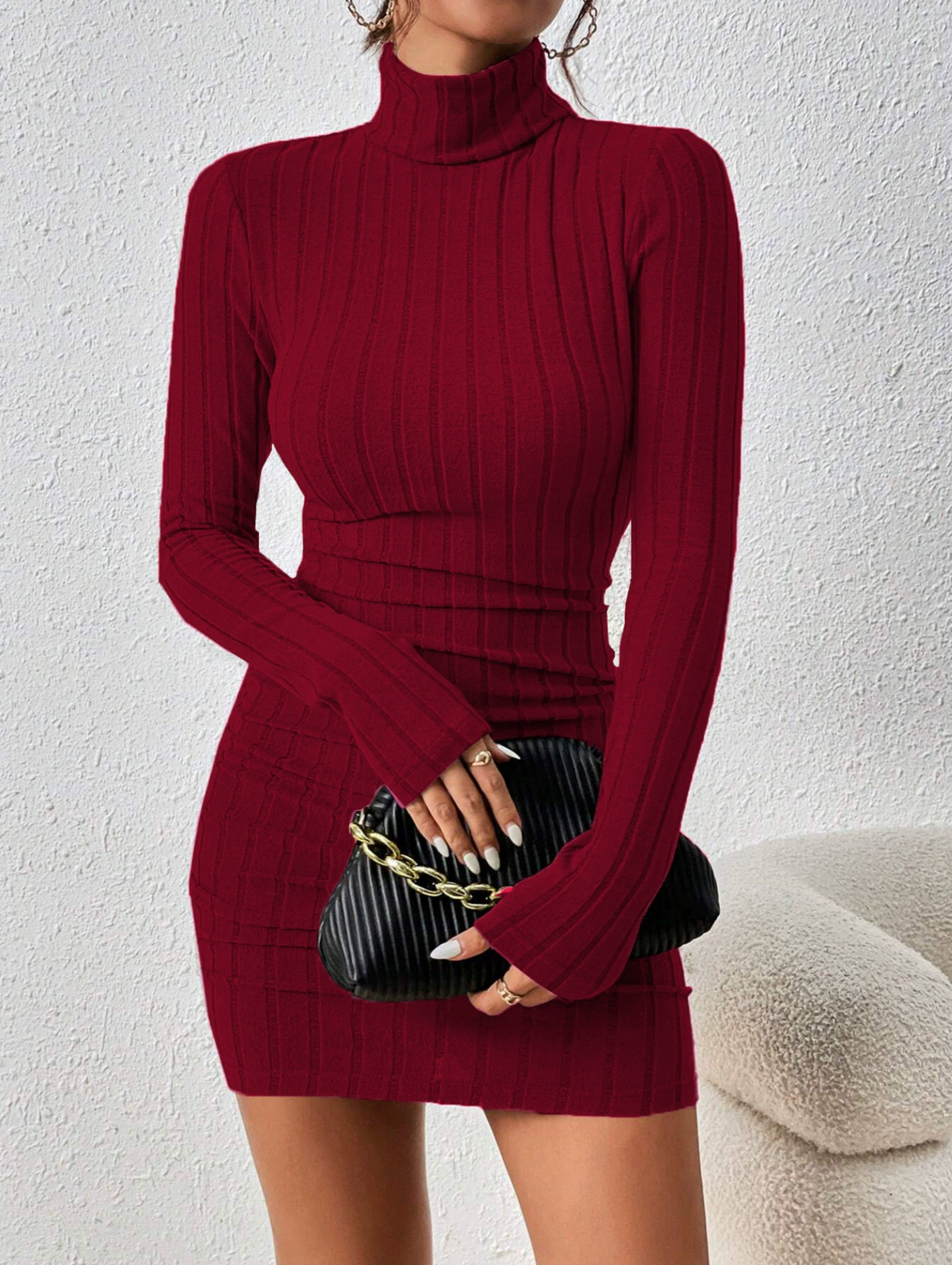 Allison | Women's Ribbed Turtleneck Long Sleeve Mini Dress