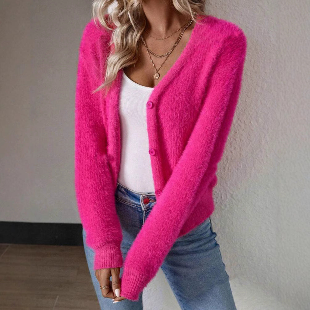 Amarae | Fluffy V-Neck Cardigan with Button Detail
