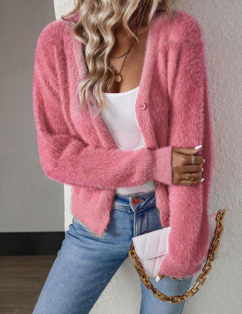 Amarae | Fluffy V-Neck Cardigan with Button Detail