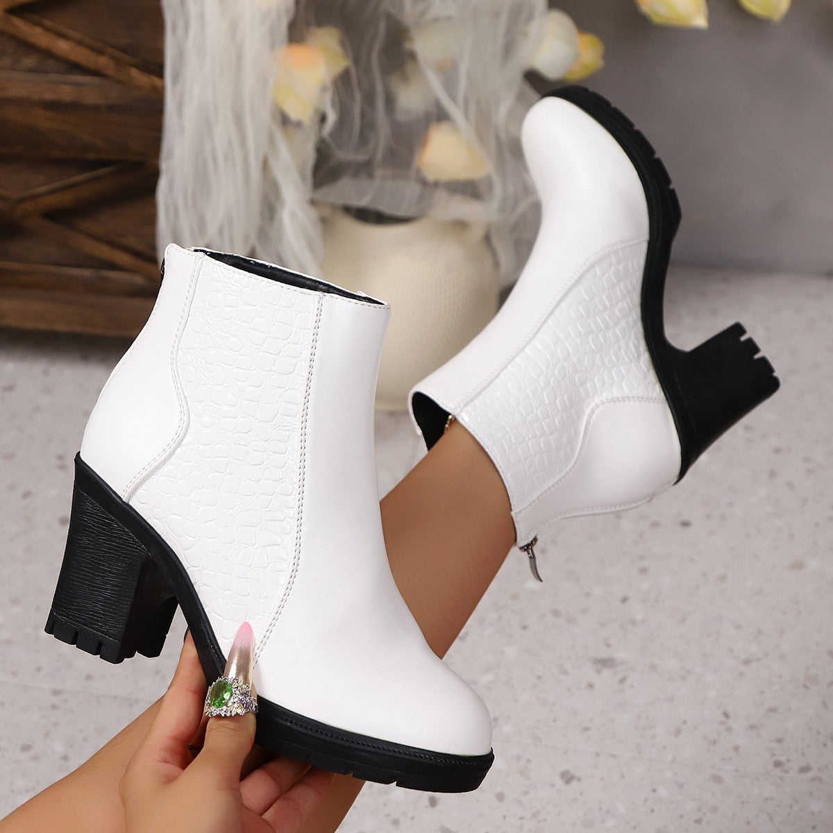 Isla | Women’s Brown Perforated Ankle Boots with Block Heel