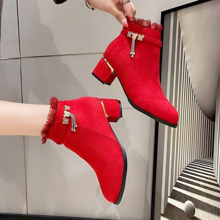 Avery | Red Ankle Boots with Decorative Charm