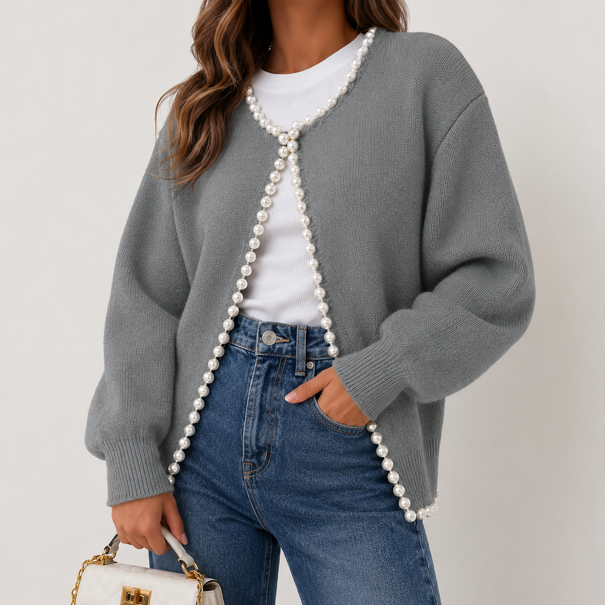 Pearl Trim Ripped Hem Cardigan