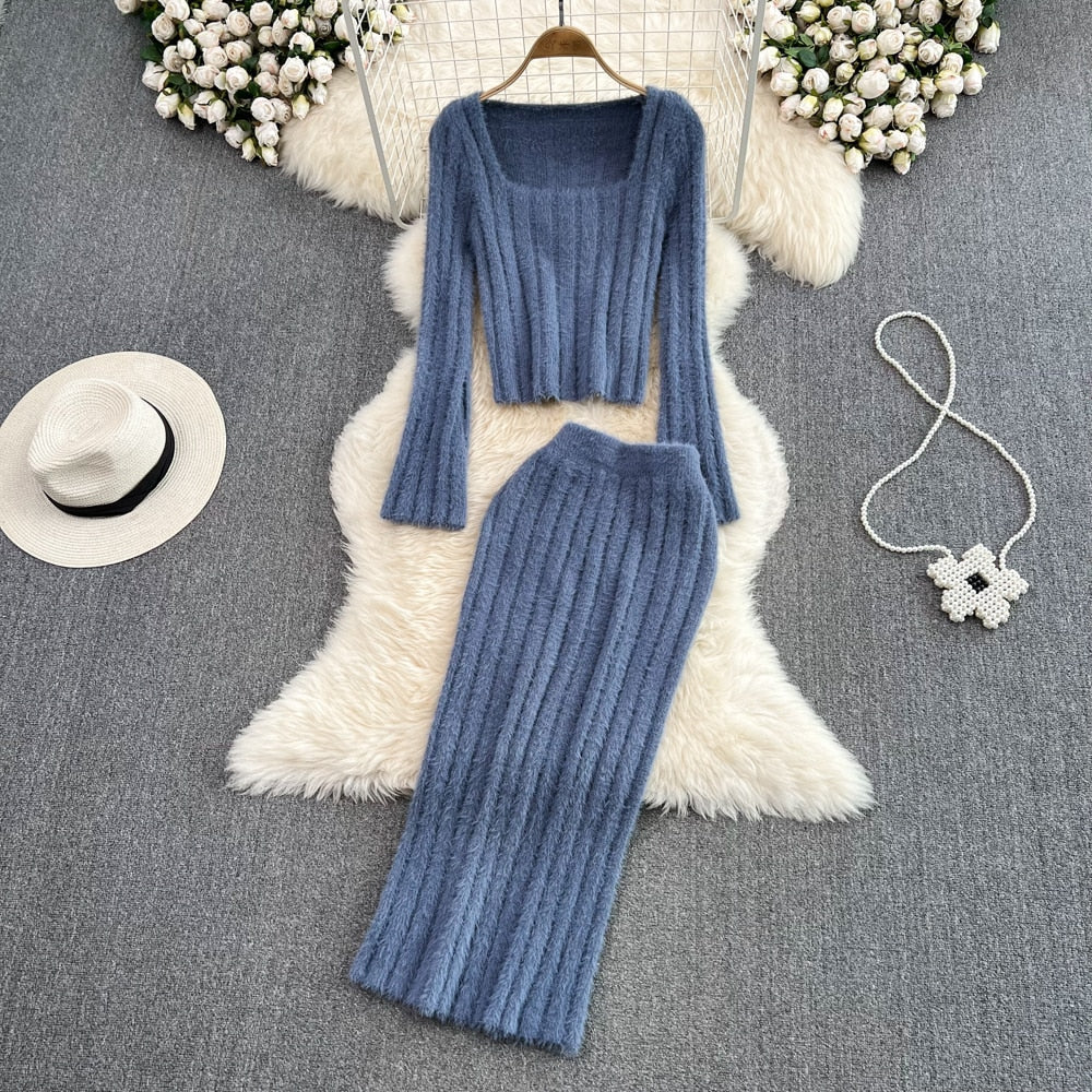 Brielle | High-Waisted Knit Skirt and Square-Neck Sweater Set