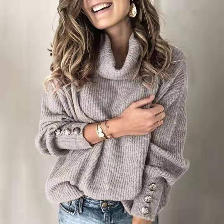 Harper | Knitted Turtleneck Sweater with Button-Detail Cuffs