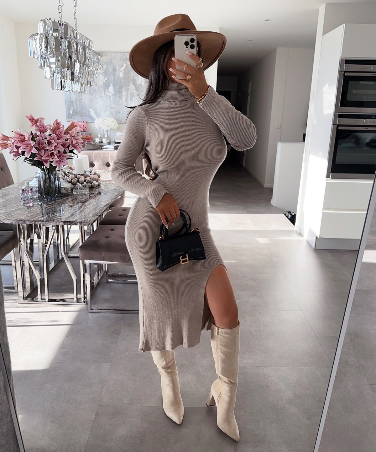 Jelena | Taupe Ribbed Knit Dress with Side Slit