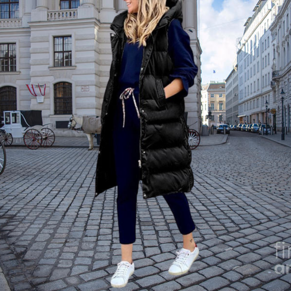 Holly | Long Padded Quilted Vest with Hood and Pockets