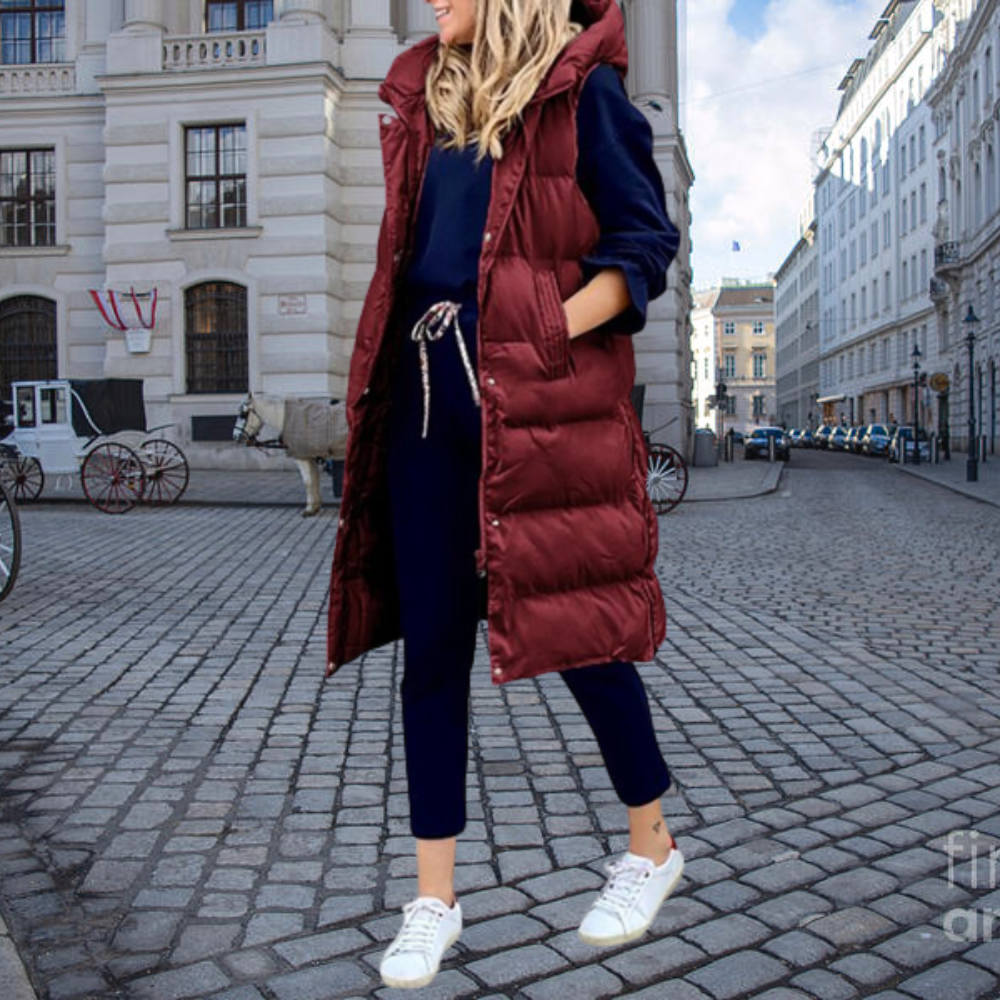 Holly | Long Padded Quilted Vest with Hood and Pockets