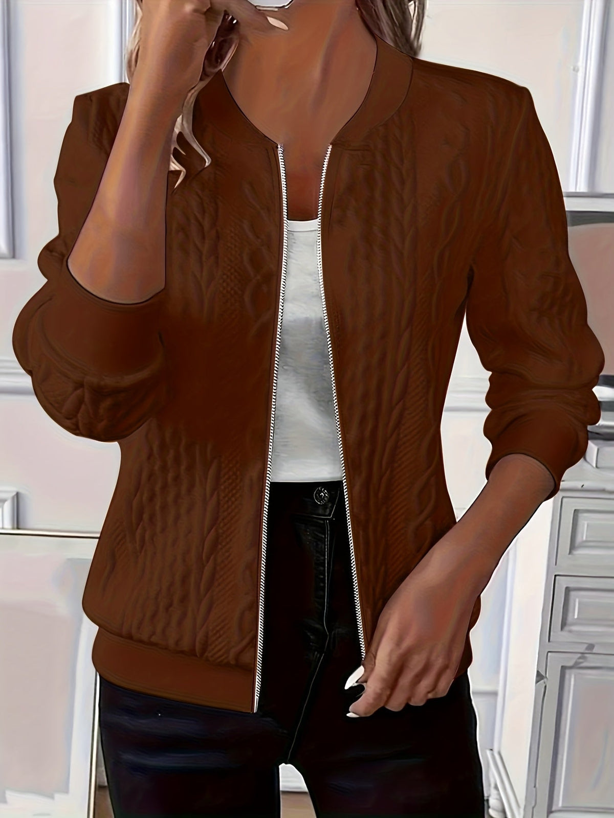 Daniela | Textured Knit Zip-Up Jacket with Baseball Collar