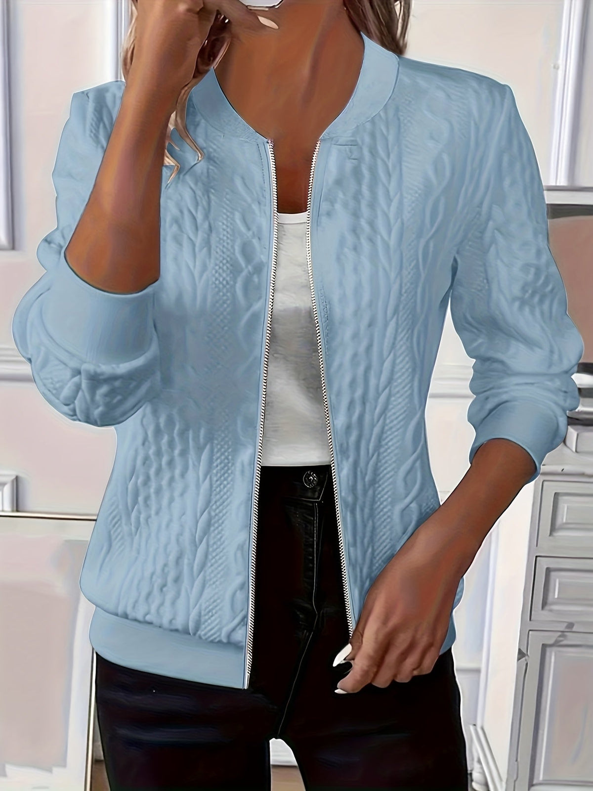 Daniela | Textured Knit Zip-Up Jacket with Baseball Collar