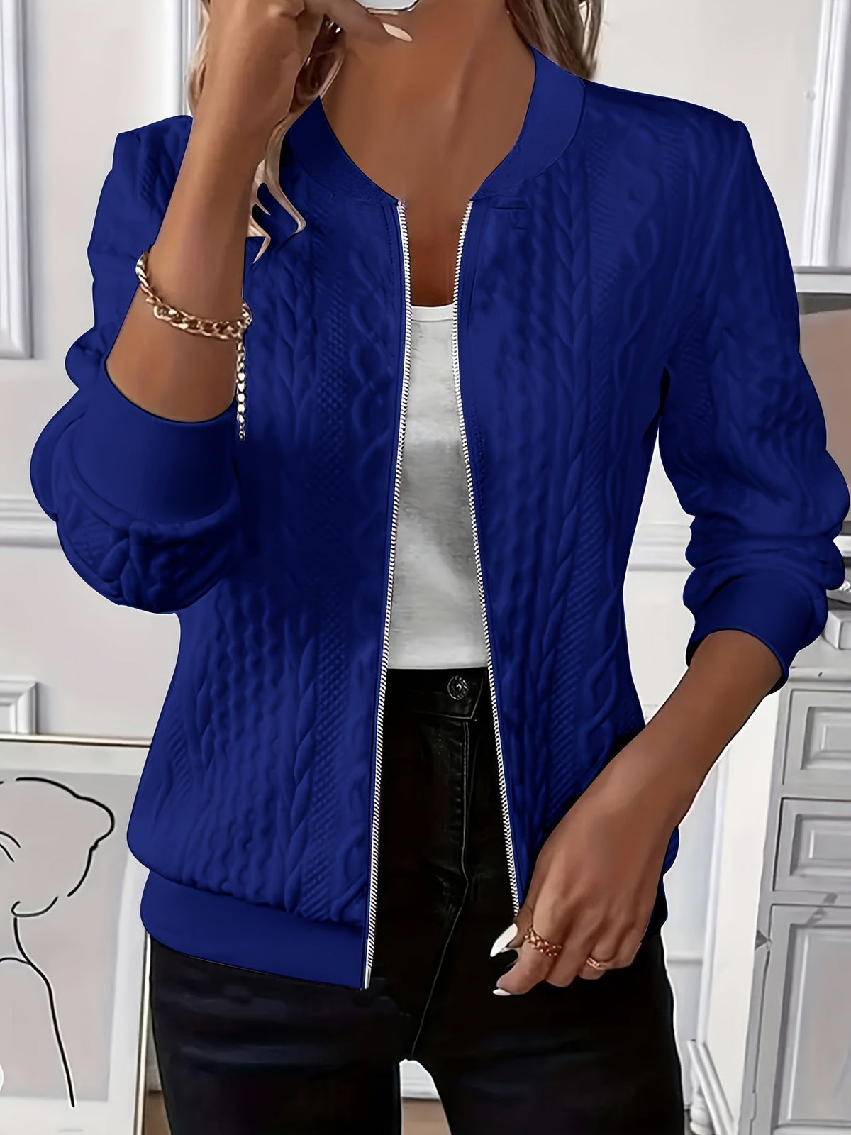 Daniela | Textured Knit Zip-Up Jacket with Baseball Collar