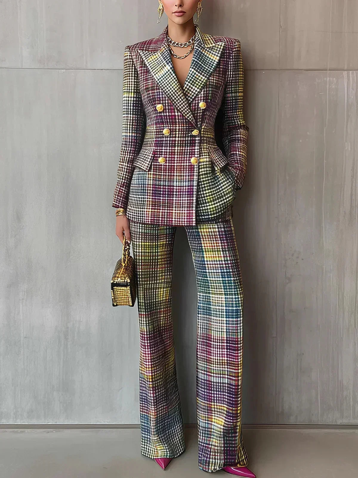 Elowen | Women's Checkered Double-Breasted Blazer & Wide-Leg Trousers Set