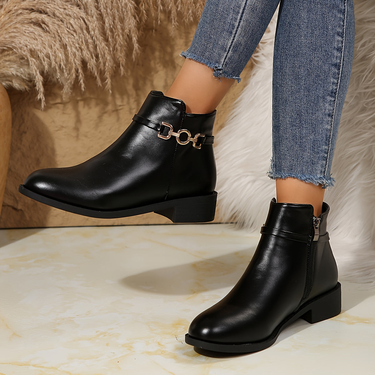 Sigrid | Women's Flat Ankle Boots with Gold Chain Detail