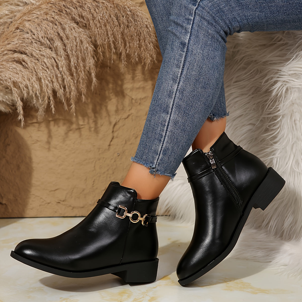Sigrid | Women's Flat Ankle Boots with Gold Chain Detail