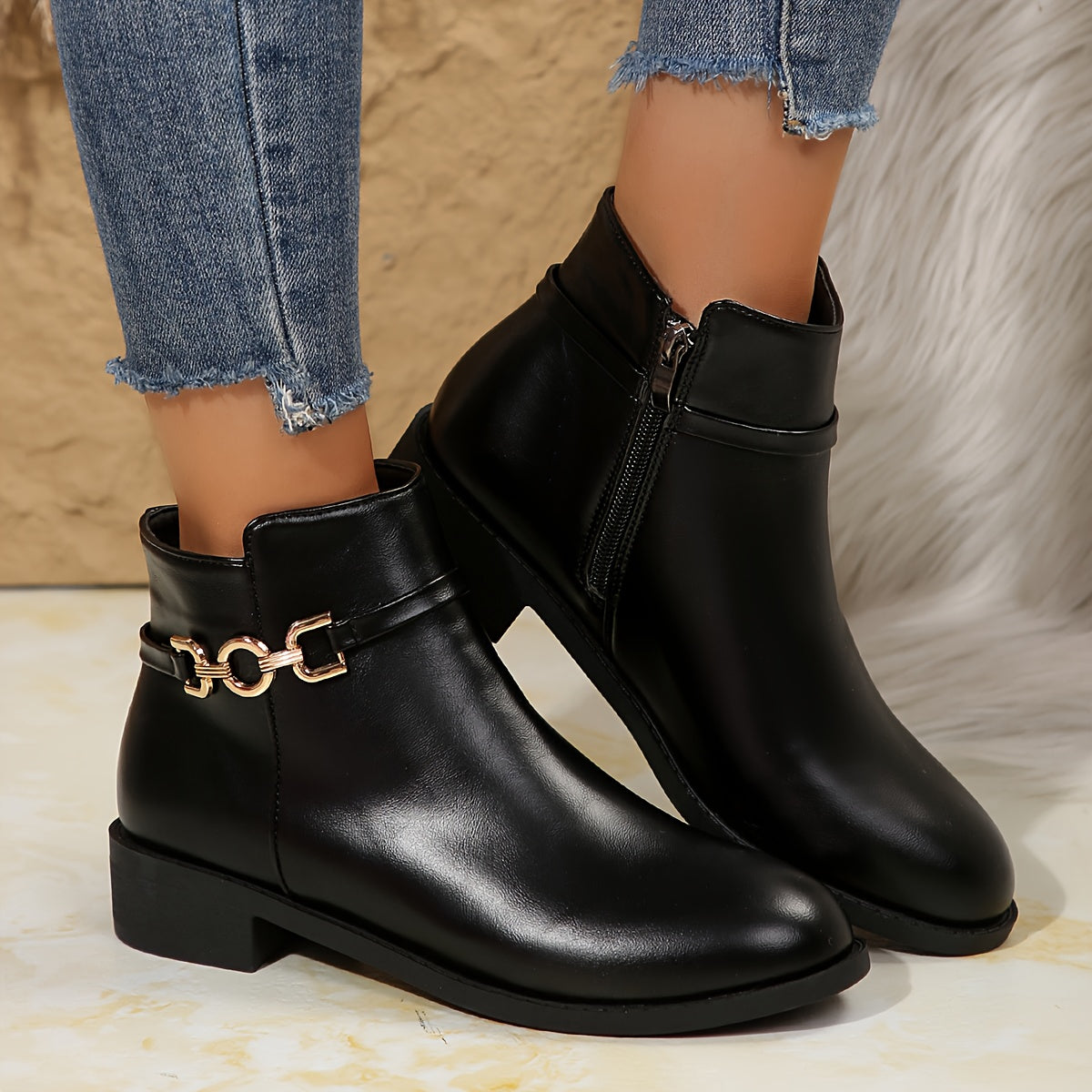 Sigrid | Women's Flat Ankle Boots with Gold Chain Detail