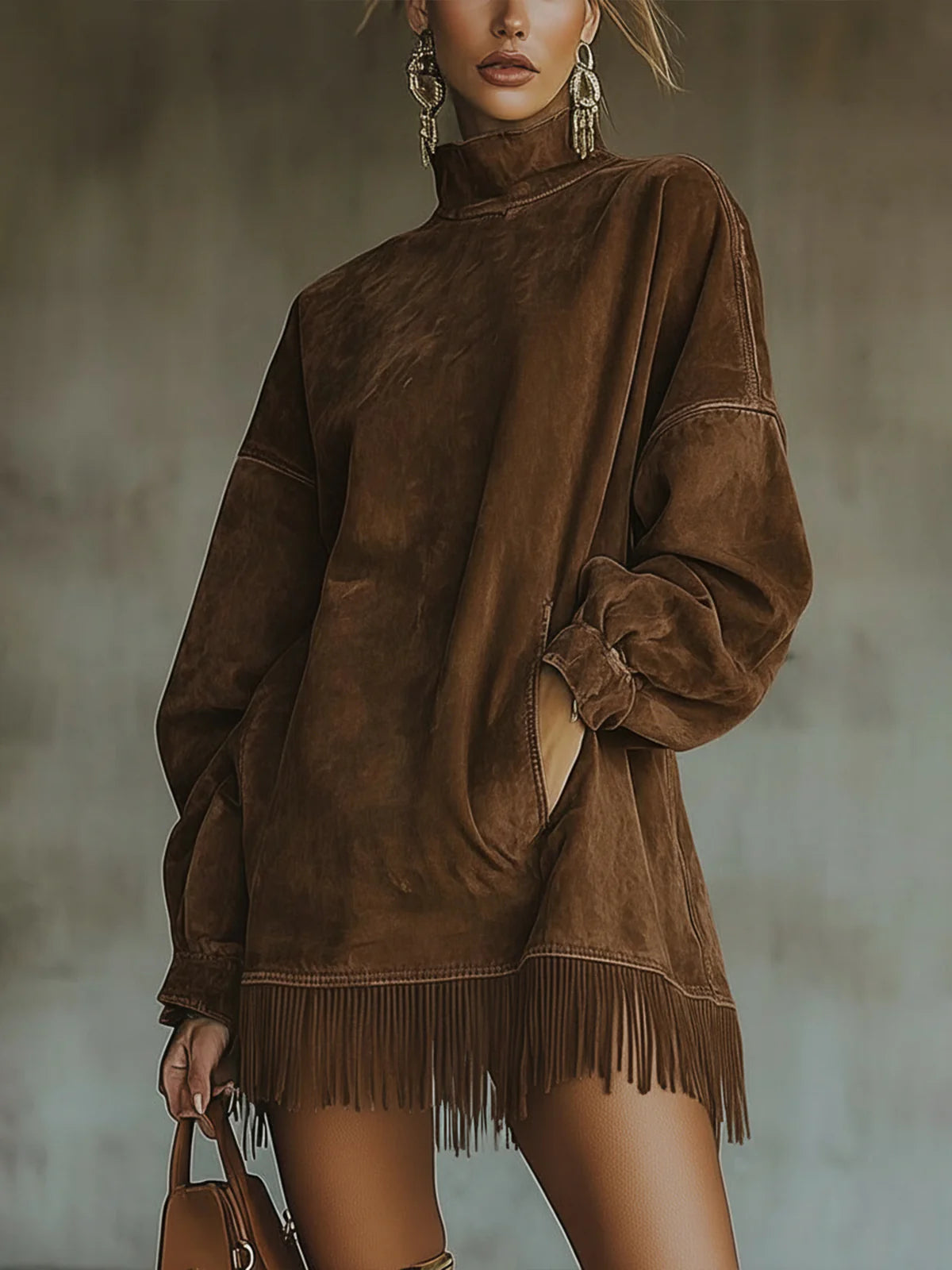 Chelsea | Women's Oversized Turtleneck Knit Dress with Fringed Hem