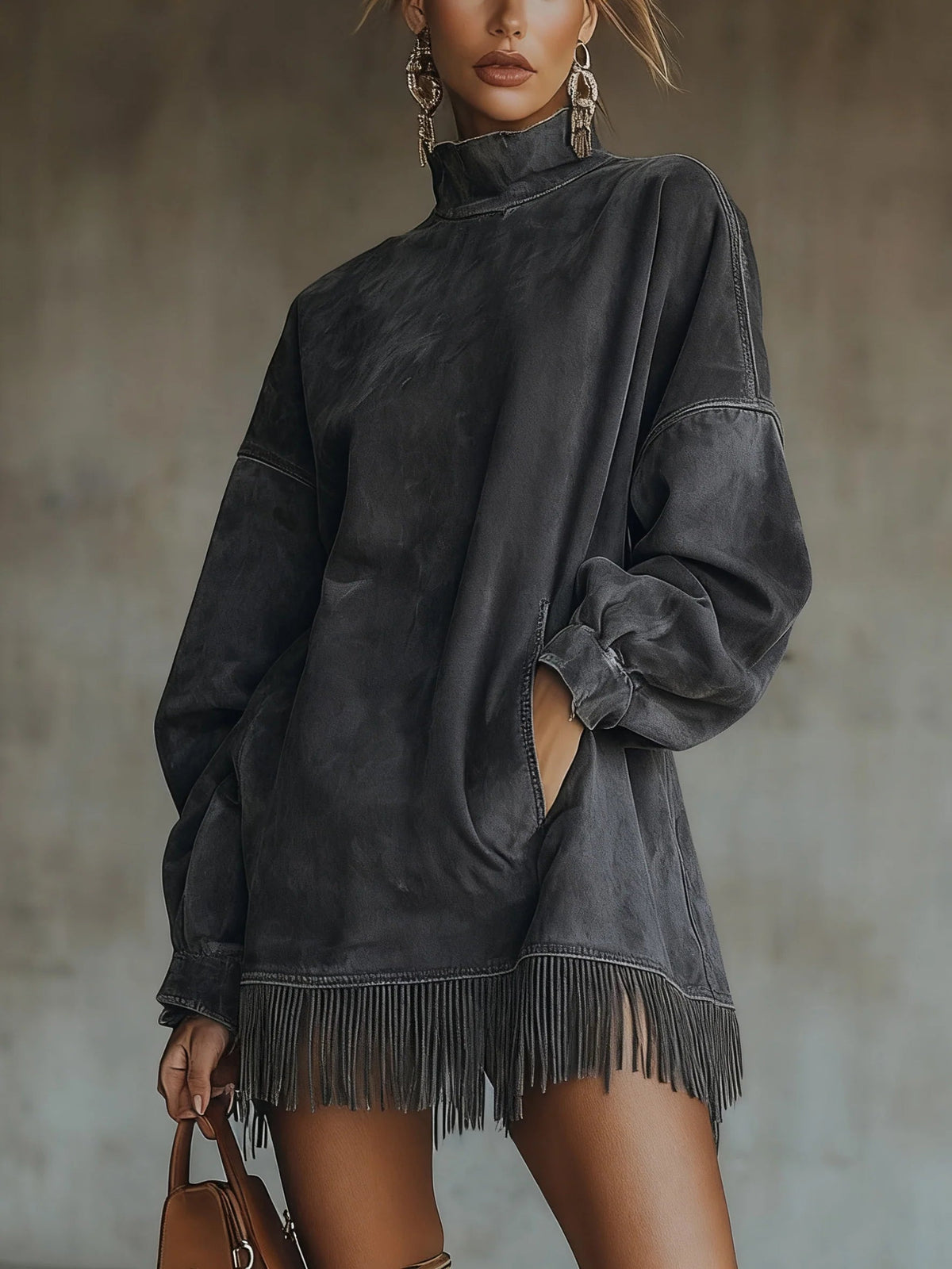 Chelsea | Women's Oversized Turtleneck Knit Dress with Fringed Hem