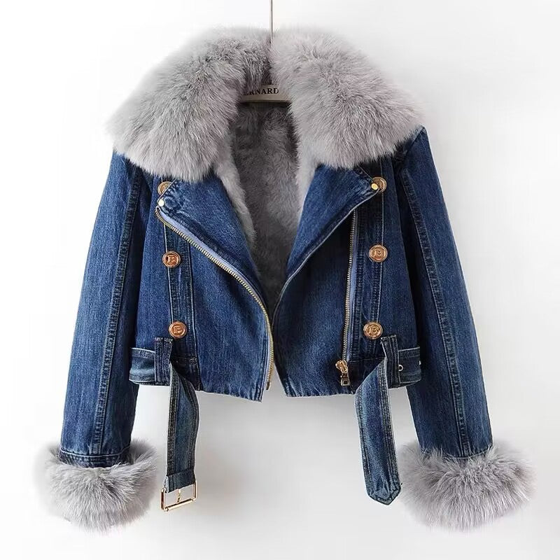 Renata | Denim Moto Jacket with Faux-Fur Trim