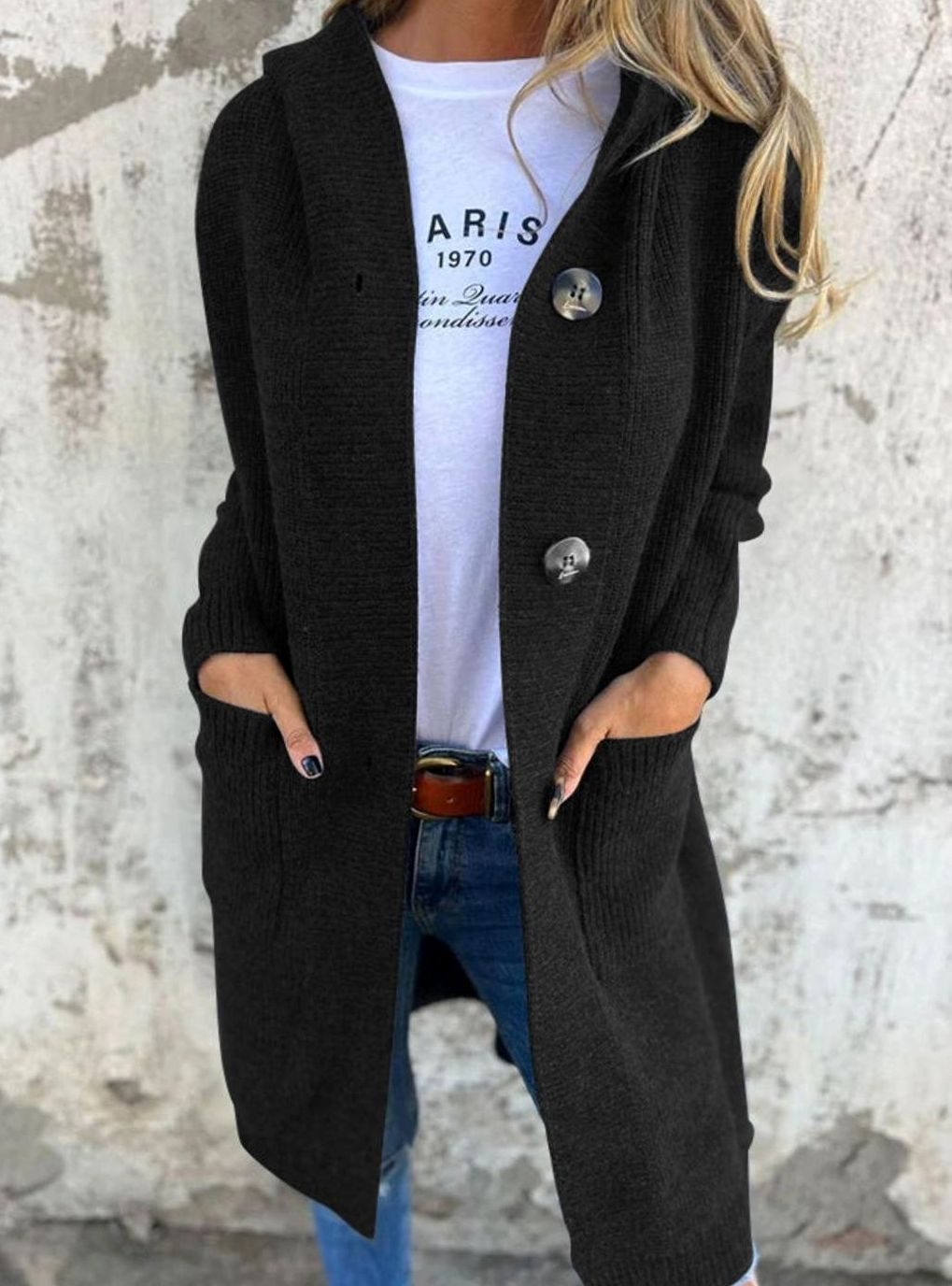 Emilia | Longline Knit Cardigan with Hood and Button Placket