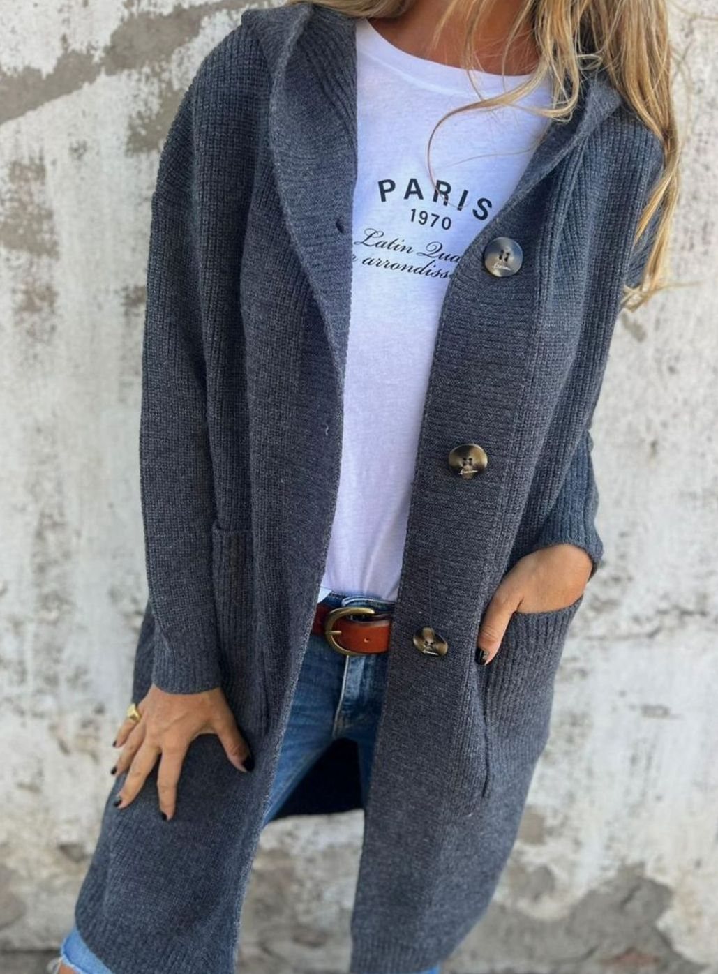 Emilia | Longline Knit Cardigan with Hood and Button Placket
