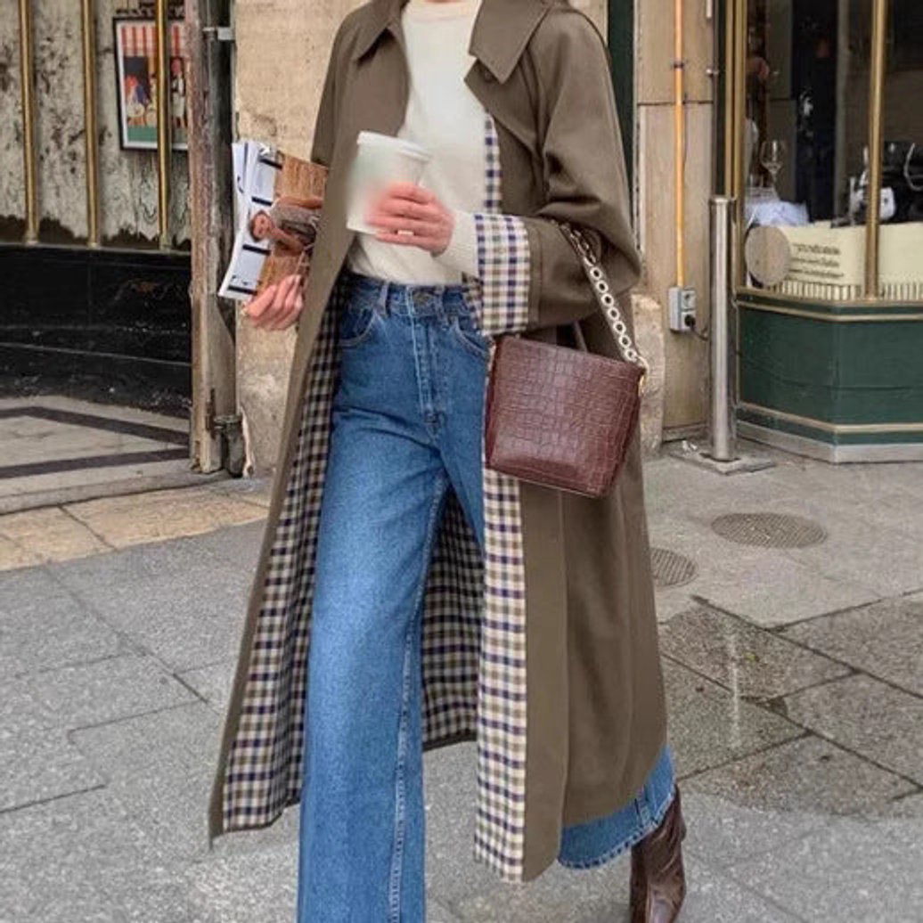 Cecily | Long Oversized Trench Coat with Checked Detail