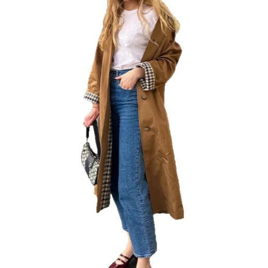 Cecily | Long Oversized Trench Coat with Checked Detail