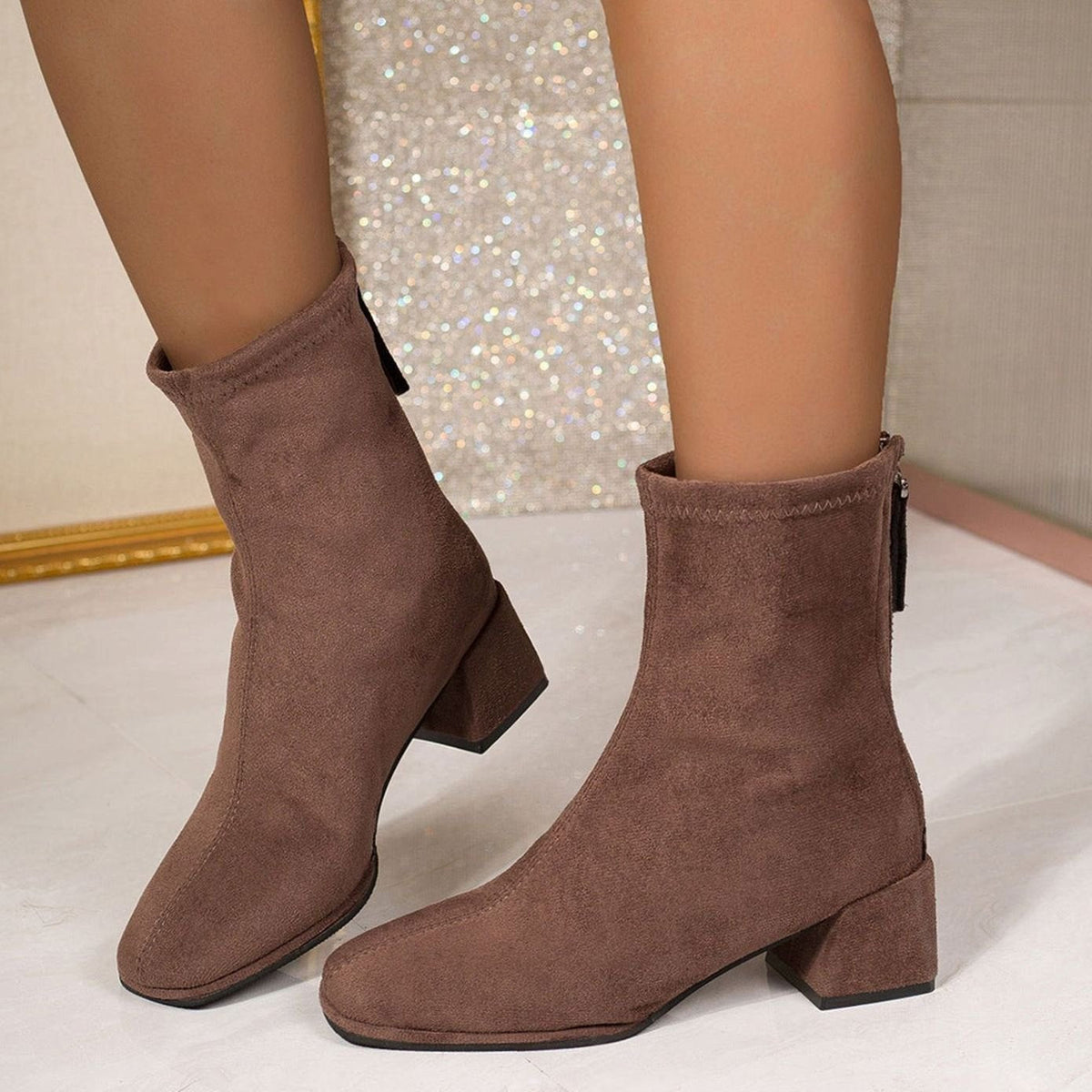 Katharina | Suede-Look Ankle Boots with Block Heel and Side Zipper