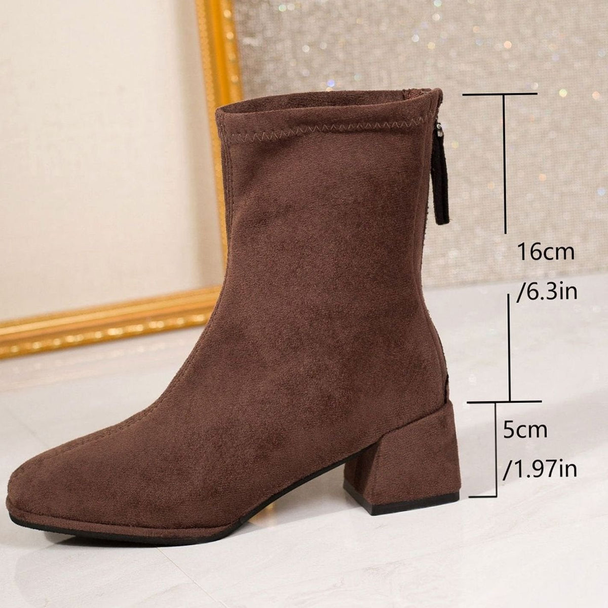 Katharina | Suede-Look Ankle Boots with Block Heel and Side Zipper