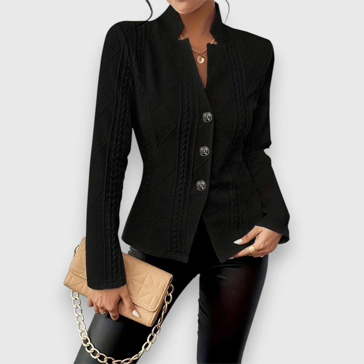 Maribel | Elegant Cable-Knit Cardigan with Stand-Up Collar