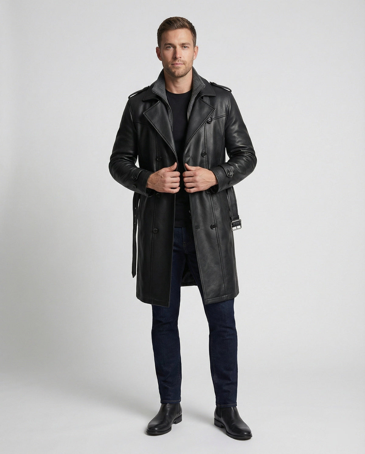 Gabriel | Double-Breasted Leather Trench Coat for Men