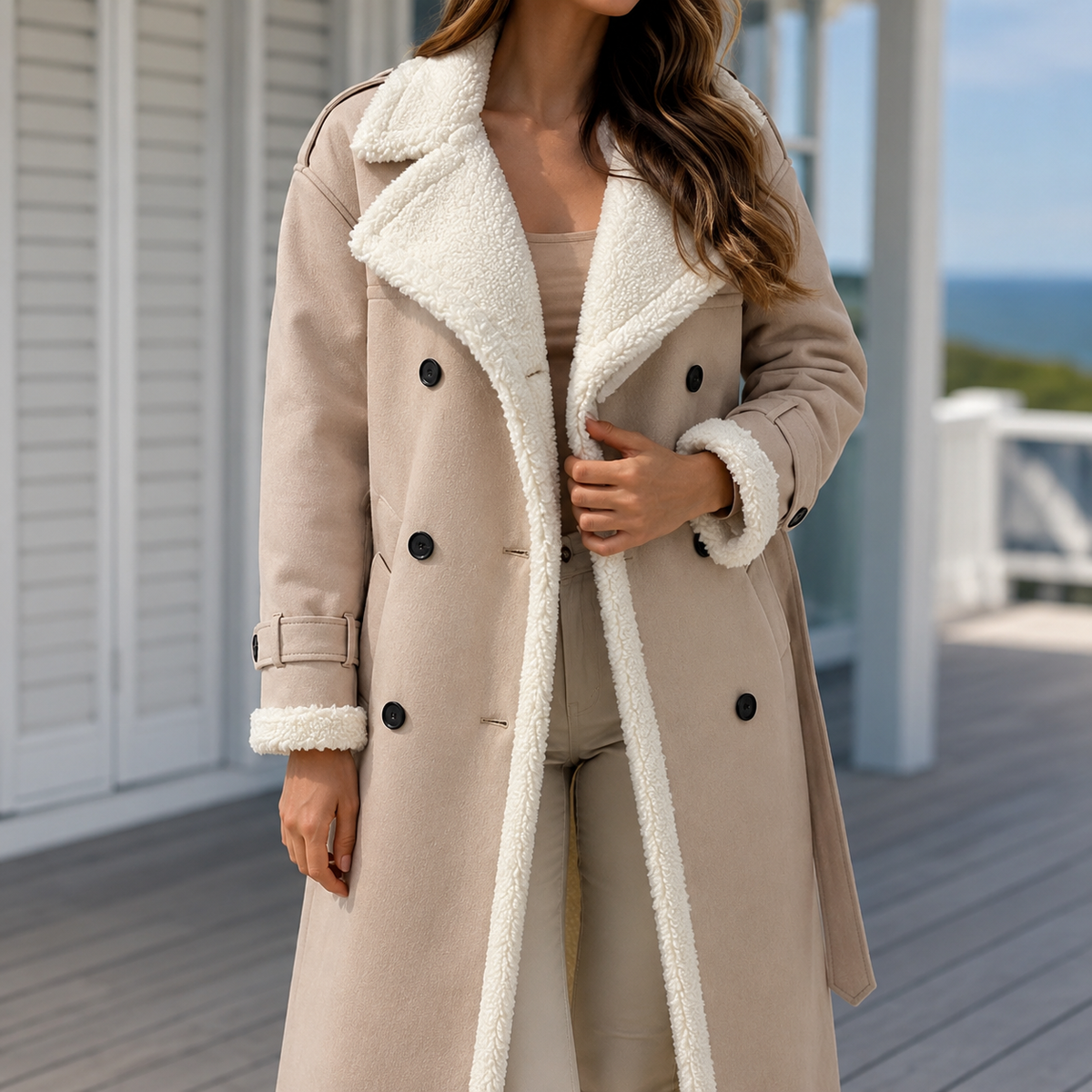 Soledad | Contrast-Trim Double-Breasted Teddy Coat