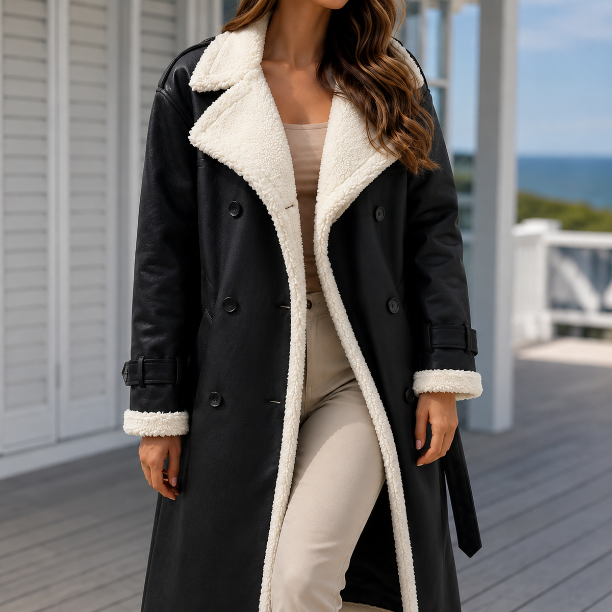 Soledad | Contrast-Trim Double-Breasted Teddy Coat