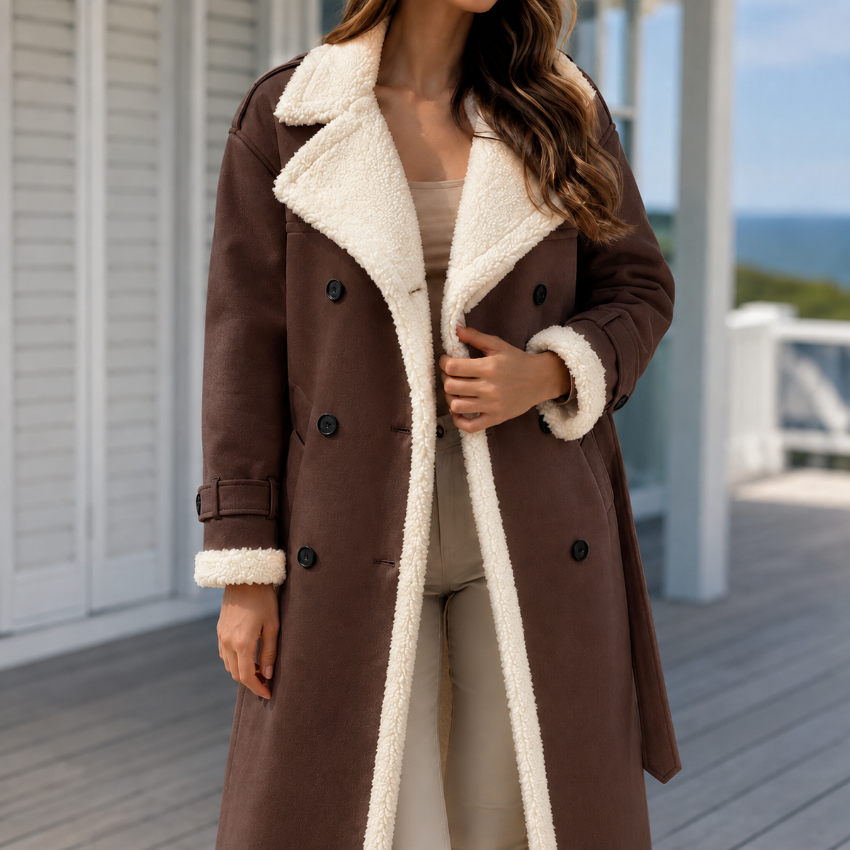 Soledad | Contrast-Trim Double-Breasted Teddy Coat