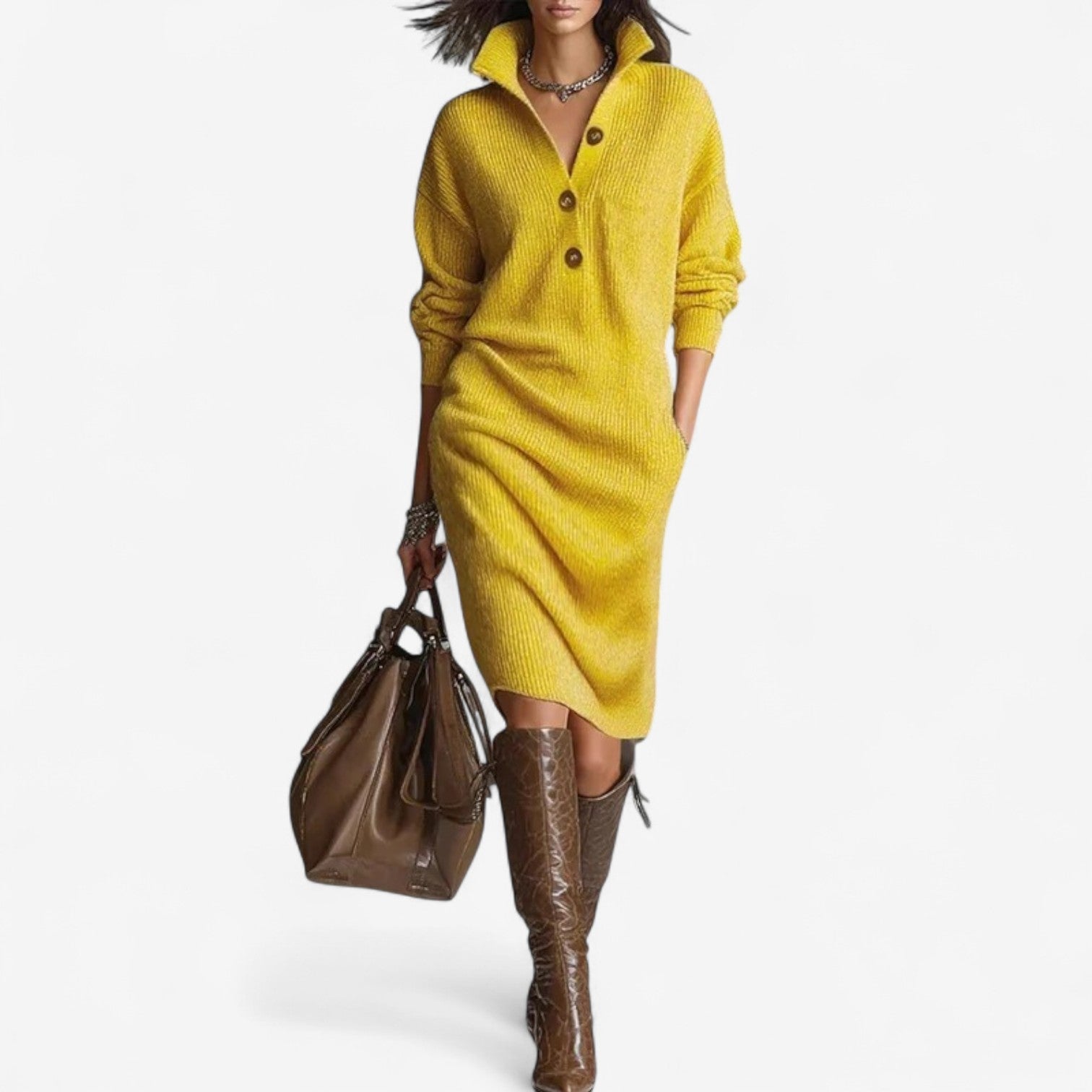 Cassidy | Women's Ribbed Knit Collar Midi Dress